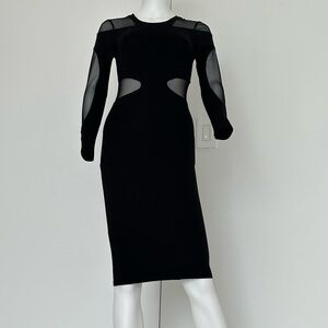BCBG Maxazria Midi Black Body-Con long Sleeve dress size XXS sheer detail